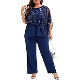 Plus Size Mother of The Bride Pant Suits 2 Piece Set Elegant Embroidered Sequins High Low Hem Wedding Guest Outfit for Women