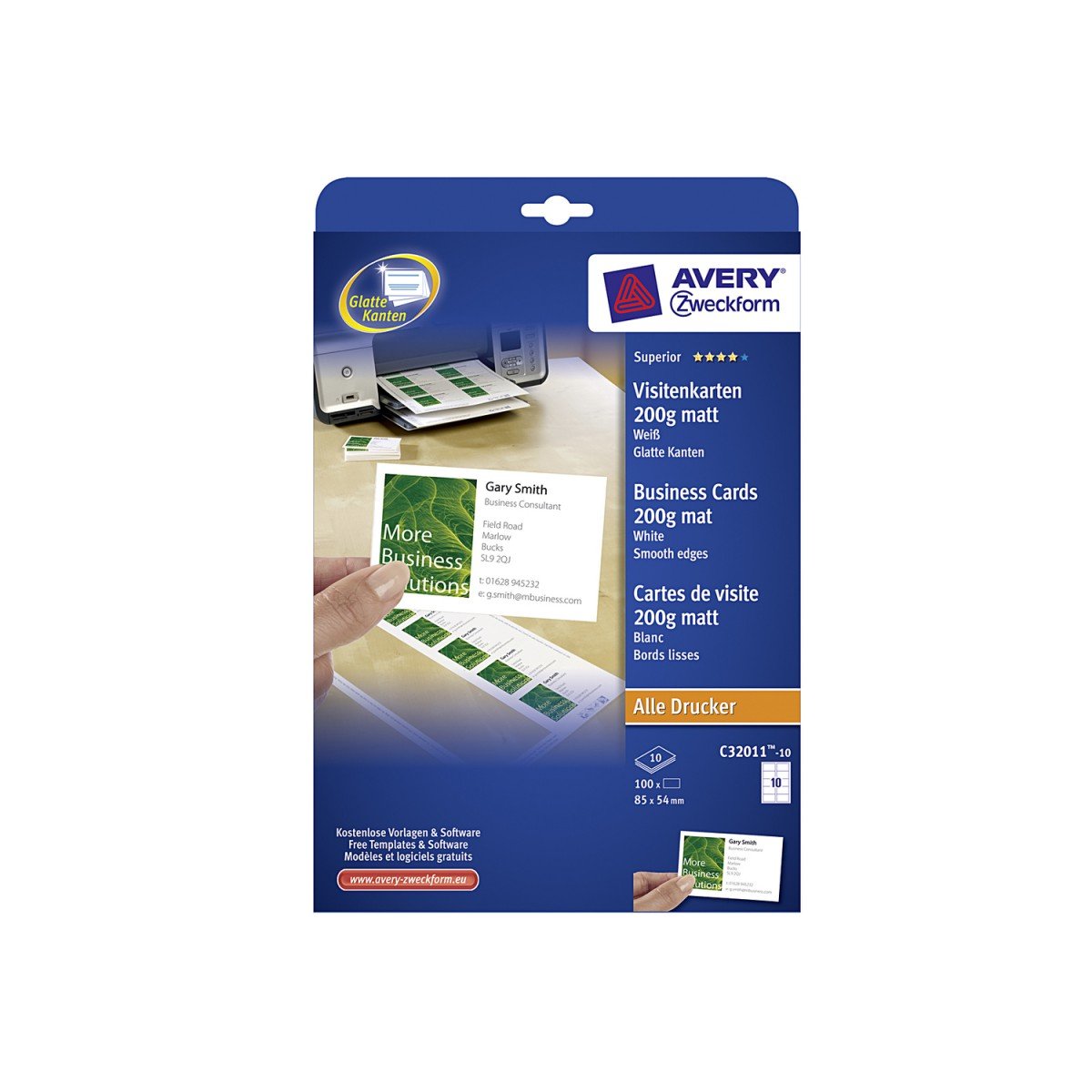 Avery Zweckform C32011-10 10 Sheets Business Cards Uncoated White 200g Suitable for Inkjet Laser Copier Flat Cut Sides
