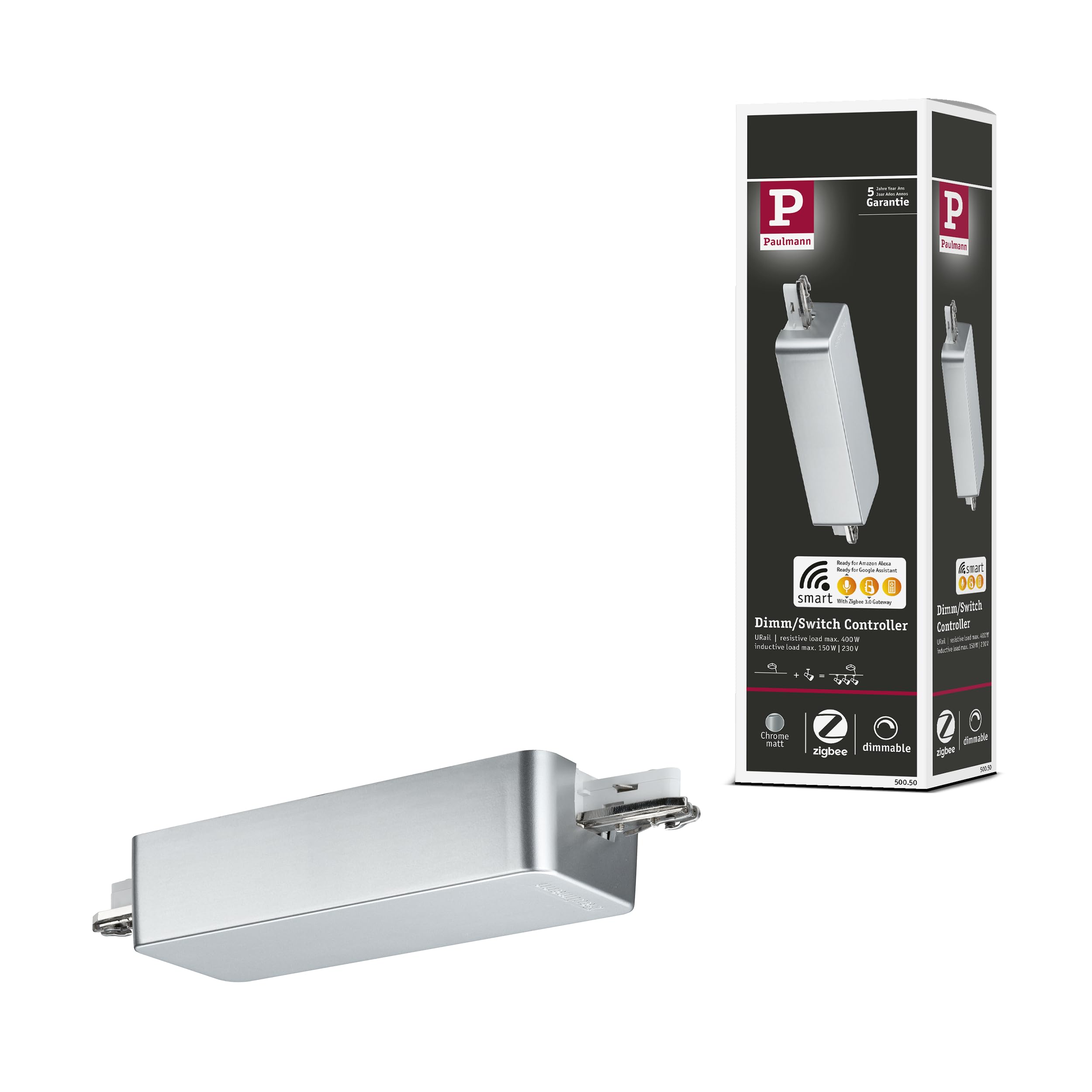 Paulmann 50050 Smart Home Zigbee 3.0 Dimm/Switch URail rail adapter 155x56mm chrome matt rail system — image 1