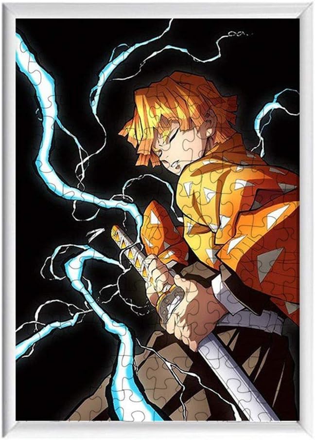 Apehuyuan 120 Piece Jigsaw Puzzles for Adults Kids, Anime Demon Slayer Kimetsu no Yaiba Floor Puzzle with Frame Decompression Intellectual Toys 8 x 12 in(Agatsuma Zenitsu)