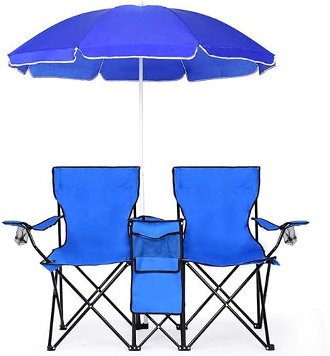 Amazon Com Goplus Sillas De Picnic Plegables Dobles Con Sombrilla Y Portador De Bebidas Bolsa De Transporte Para Playa Patio Piscina Parque Al Aire Libre Silla De Campamento Portatil Azul Con Paraguas