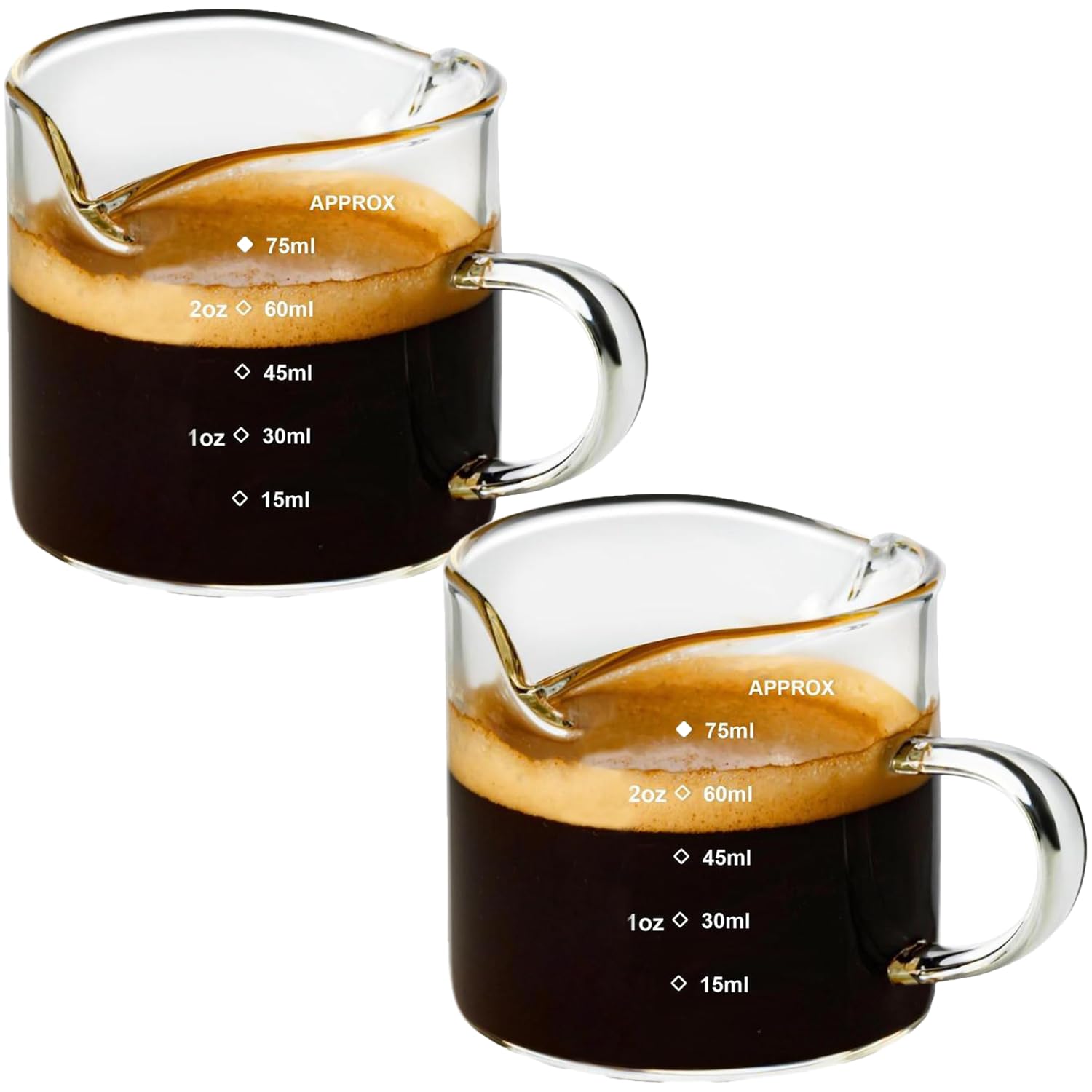 ITODA 2 Pcs Mini Espresso Shot Glass Cups 70ml Glass Measuring Cup Jugs Pitcher Little Jug Mugs Transparent Scale Glasses Barista Double Pouring Spouts with Handle for Bar Party Espresso Coffee Milk