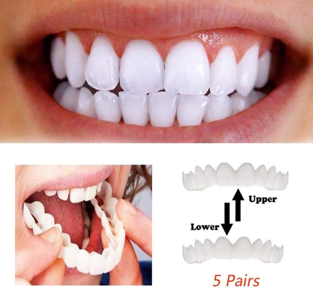 ZNXY 5 Pairs Upper and Lower Teeth Simulation Braces,Second Generation Silicone Simulated Teeth Denture for Top and Bottom Teeth to Make White Tooth Beautiful Neat