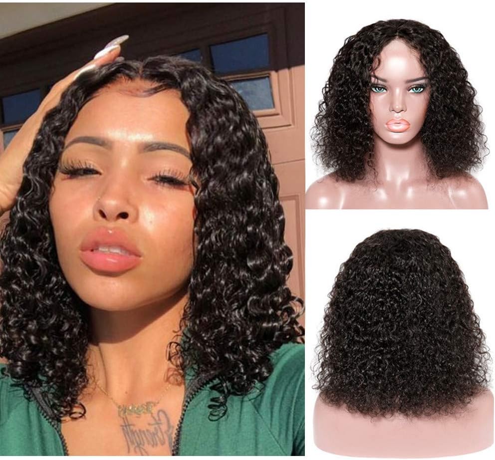 Loviness Short Bob Wig 1B Natural Black Human Hair Wigs 8’’ 10’’ 12’’ 14’’ Middle Part Lace Front Curly Hair Wigs 180% Density 13X4 Frontal Pre Plucked(8 inches)