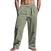 TRFIC Men's Linen Pants Lightweight Drawstring Elastic Waist Pockets Loose Fit Straight Legs Summer Beach Yoga