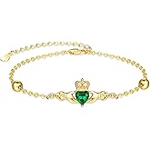 TANGPOET Claddagh Bracelet for Women 925 Sterling Silver Gold Plated Emerald Green Heart Stone Irish Celtic Jewelry Gifts for Birthday St Patricks Day Christmas Valentines Mothers Day