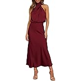 Mettclasi Women's Spring Summer Satin Sleeveless Halter Maxi Dress Elegant Formal Mock Neck Cocktail Party Evening Dress
