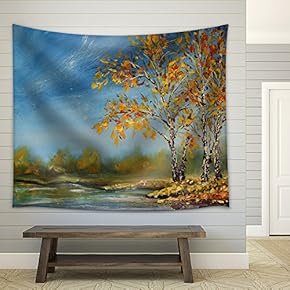 Painting of See, Autumn Trees. Autumn on The Pond. - Fabric Wall Tapestry Home Decor - 51x60 inches