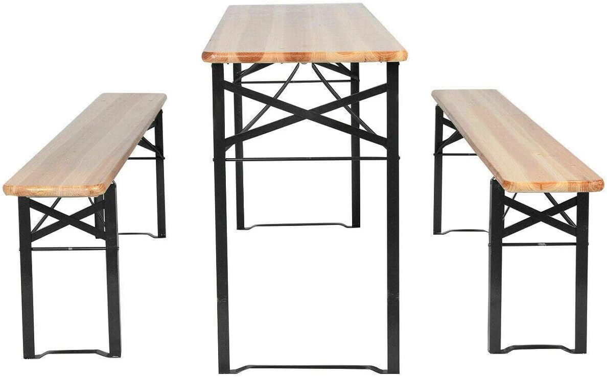 3Pieces Foldable Picnic Camping Table Set Rectangle Desk 2-Armless Bench Chair Wood Top with Ebook