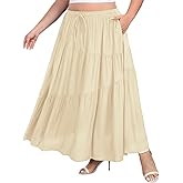 Moon Wood Plus Size Boho Maxi Skirts for Women Long Flowy High Waisted Tiered A-Line Skirt with Pockets Beach Summer Causal