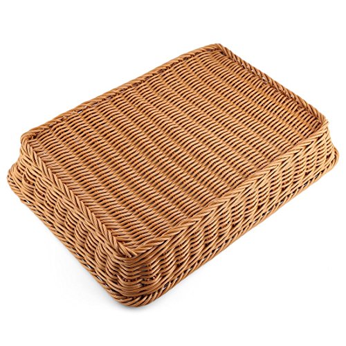 Extra Large Poly-Wicker Bread Basket Rectangle Imitation Rattan for Food Serving Restaurant/Kitchen/Coffee Table Diplay Decor Baskets Fruit Snacks Container (16" x 12" x 4") Brown