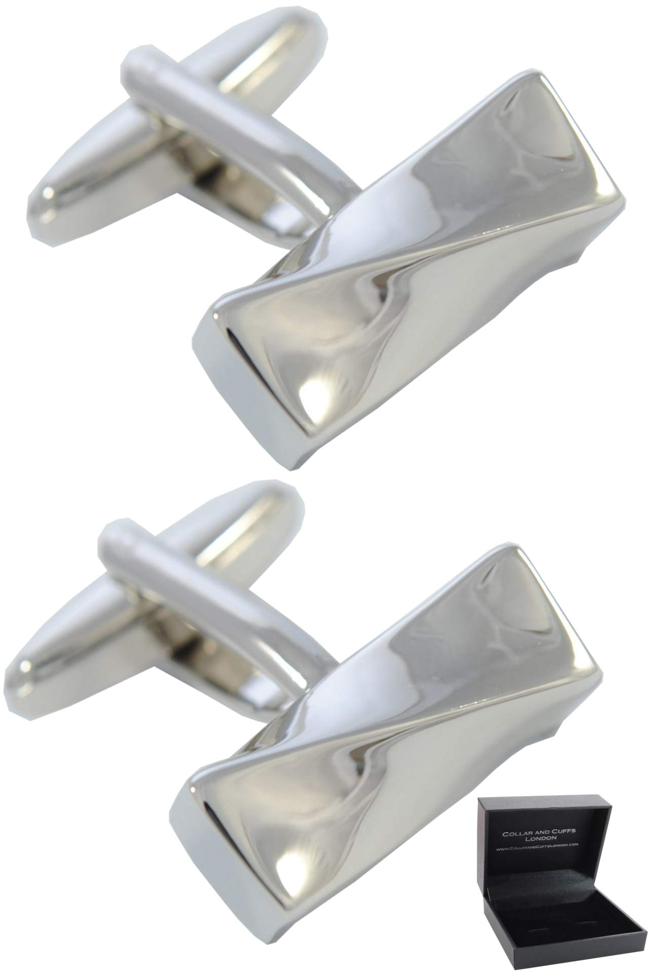 Cufflinks for Men + Presentation Box - Silver Colour - Futuristic Twist Design - Solid Brass Metal - Modern Cool - Cufflinks With Personality - One Pair