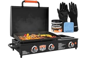 22 inch Blackstone Griddle with Hood and Side Burner, Tabletop Flat Top Grill Propane Powered Portable Gas Grill for Camping and Outdoor BBQ Grill with Blackstone Seasoning, and Wholesalehome Gloves