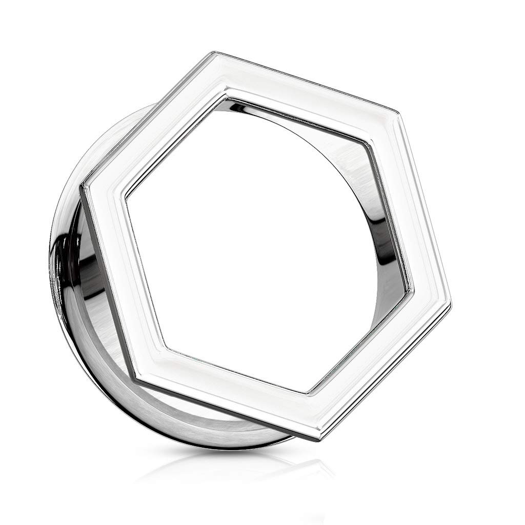 PiercedOff 316L Surgical Steel Double Flared Tunnel with Hexagon Design - Diameter 19mm