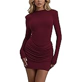 Unybwonn Long Sleeve Mini Dress Bodycon Slim Fit Ruched Elegant Short Dresses Crew Neck Casual Cocktail Party Club Dress