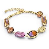 Gold Purple Golden Colorful CZ Cultured Baroque Silk Mother of Pearl Natural Gemstone Statement FULLY ADJUSTABLE Dangle Charms Tennis Bracelet for Women by SNGIA, Stackable Handmade Trendy Multicolor Crystal Jewelry Gifts, Beachy Summer Beaded Healing Protection Vacation Fashion Bracelet Accessories, Delicate Vintage Link Bohemian Nickle Free Station Bangle.