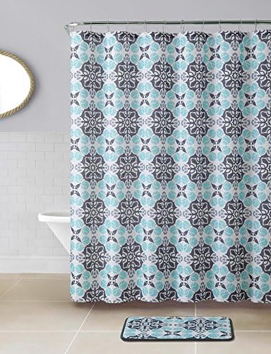 3 PC Blue and Gray Bathroom Set: Waffle Fabric Shower Curtain with Matching Memory Foam Bath Mat and 12 Silver Rollerball Hooks (TINSLEY)