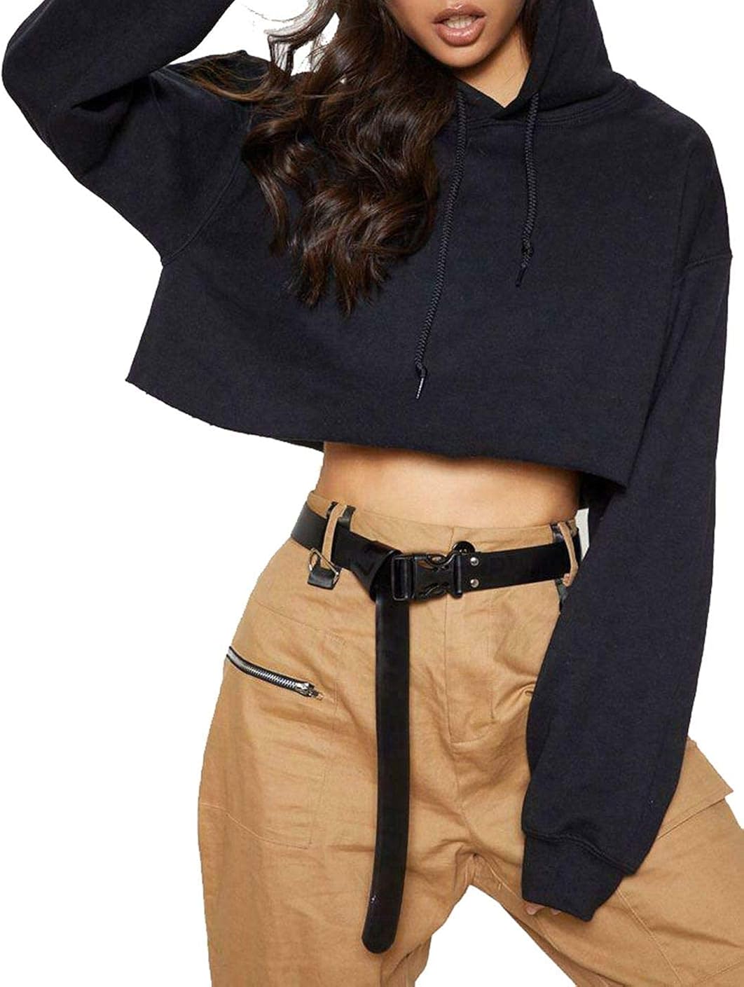 Ladies Cropped Oversize Hoodie Womens Long Sleeve Baggy Sweatshirt