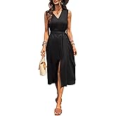 vinglam Women's Linen Midi Dress V Neck Sleeveless Waist Belt Slit Dresses with Pockets 100% Linen