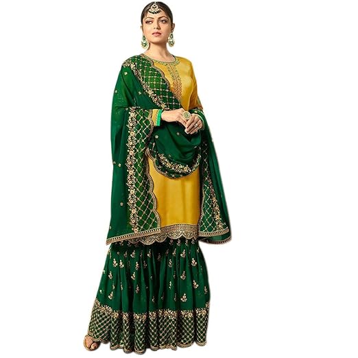 Womens Satin Georgette Embroidered Sharara Suit (YF-102, Yellow and Green)
