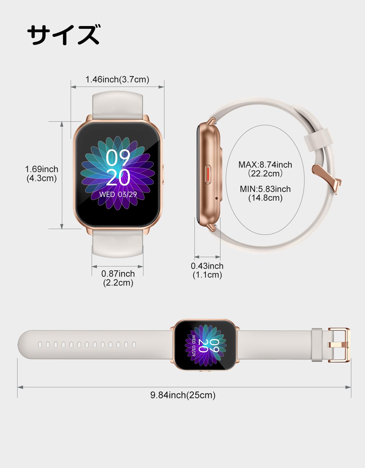 RUIMEN Smart Watch with Calling Function, Women's, Smart Watch, iPhone and Android Compatible, Pedometer, Wristwatch, Incoming Call Notifications, Flashlight, Weather Forecast, Music Control, IP68