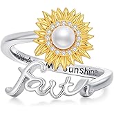 Reaii Sunflower Ring for Women 925 Sterling Silver Sunflower Faith Ring Freshwater Pearl You are My Sunshine Adjustable Open Band Rings Jewelry Gifts for Mom Wife