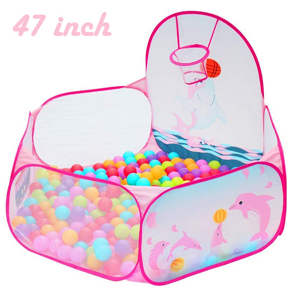 Kids Ball Pit Ball Tent, Likorlove Toddler Ball Pit with Basketball Hoop and Zippered Storage Bag,4 Ft Sea Ball Pool for Indoor Outdoor(Balls not Included),Pink
