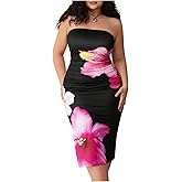 WDIRARA Women's Plus Size Floral Bodycon Midi Dress Ruched Slit Strapless Tube Dresses