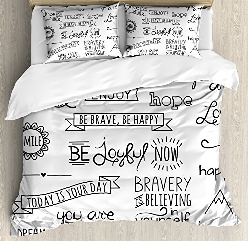 Ambesonne Adventure Duvet Cover Set King Size, Various Quotes on Happiness and Self Value Uplifting Phrases Being Who You are, Decorative 3 Piece Bedding Set with 2 Pillow Shams, Black White