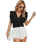 LYANER Women's Wrap V Neck Ruched Waist Ruffle Cap Sleeve Tank Crop Blouse Top