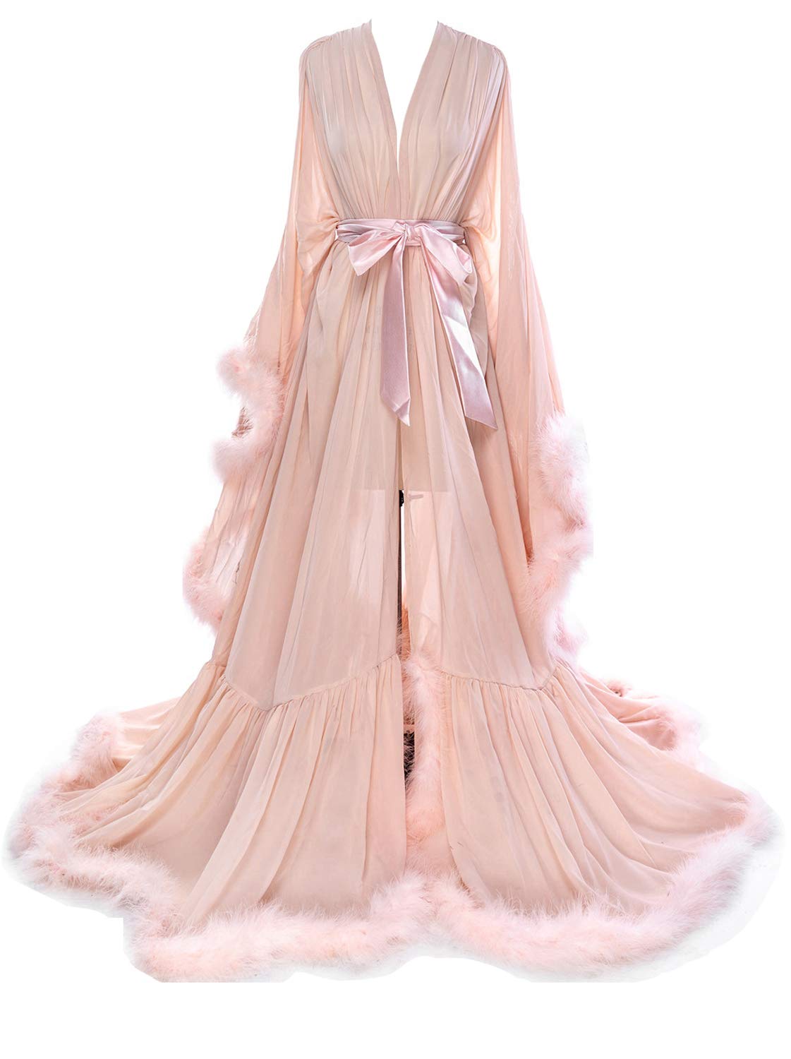 Molisa Womens Sexy Feather Bridal Robe Long Wedding Scarf Illusion Bathrobe Sleepwear Lingerie Robe Nightgown