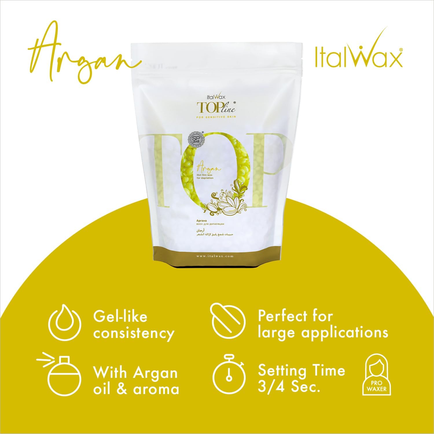 Italwax Top Line Argan - 750g / 1.65lb - Hard wax beads for hair removal - Argan oil fragrance - Synthetic formulation ideal for sensitive skins - Recommended for Bikini Area and Armpits