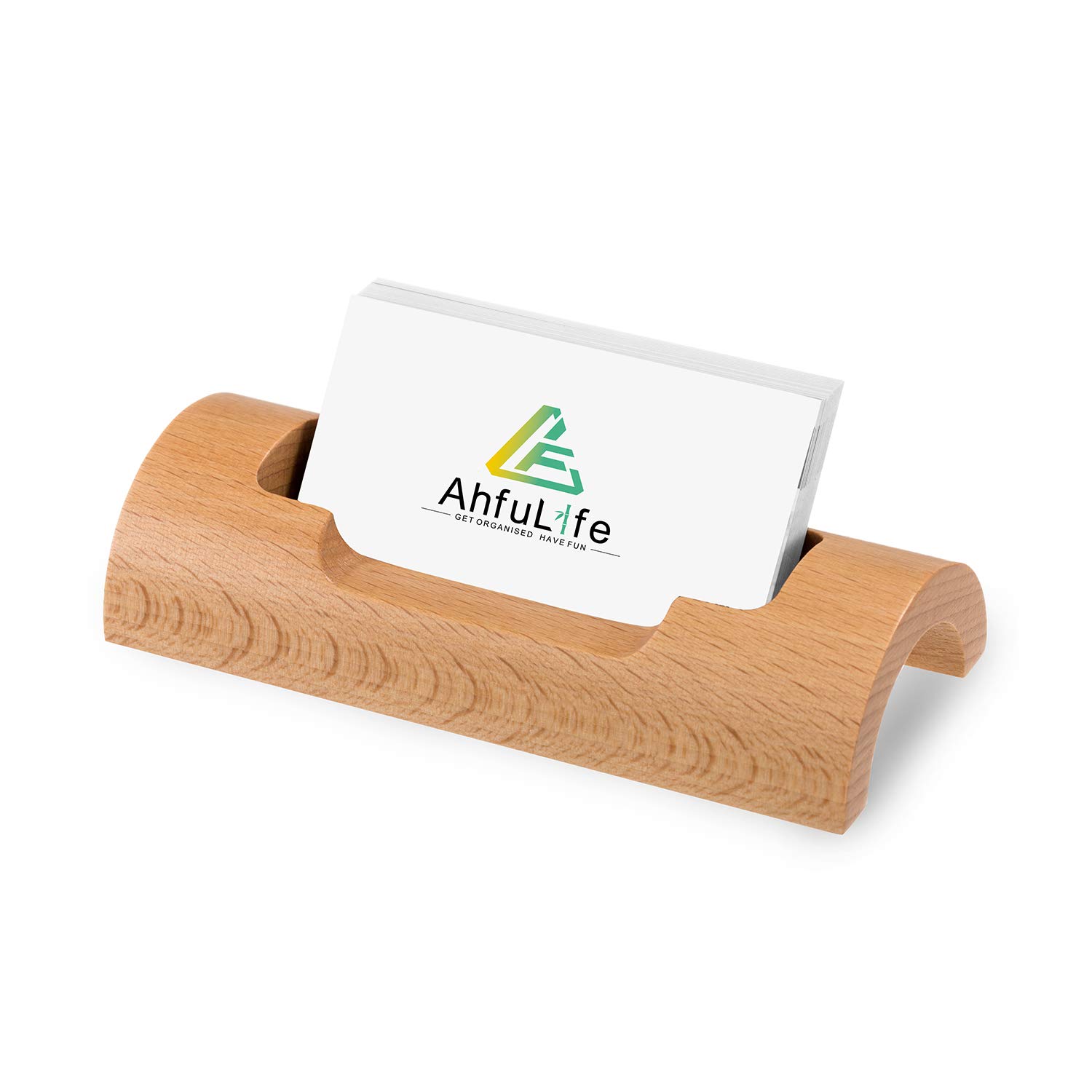 AhfuLife Single Pocket Landscape Business Card Holder, Wood Personalized Business Card Organizer for Desk, Wooden Cards Display Stand Case for Office Home Christmas Valentine's Day Graduation Gift
