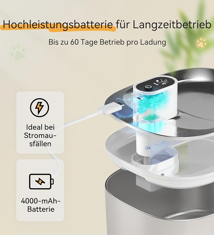 Katzenbrunnen Edelstahl Kabellos 4.1L mit Sensor 3 Modi & 4000mAh