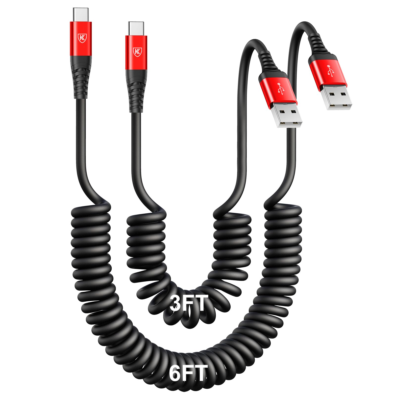 Photo 1 of USB C Cable [3FT+6FT], 2Pack USB A to USB C 3A Fast Charging, Coiled Type C Charger Cord for Car USB-C Cable Compatible with iPhone 17/16/15/Plus/Pro/Samsung Galaxy A10e A20 A50 S20 Plus S10E-Red