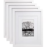 Egofine 11x14 Picture Frames Set of 4, Made of Solid Wood Covered by Plexiglass 5x7 and 8x10 with Mat or 11x14 without Mat, for Table Top Display and Wall Mounting Photo Frame White
