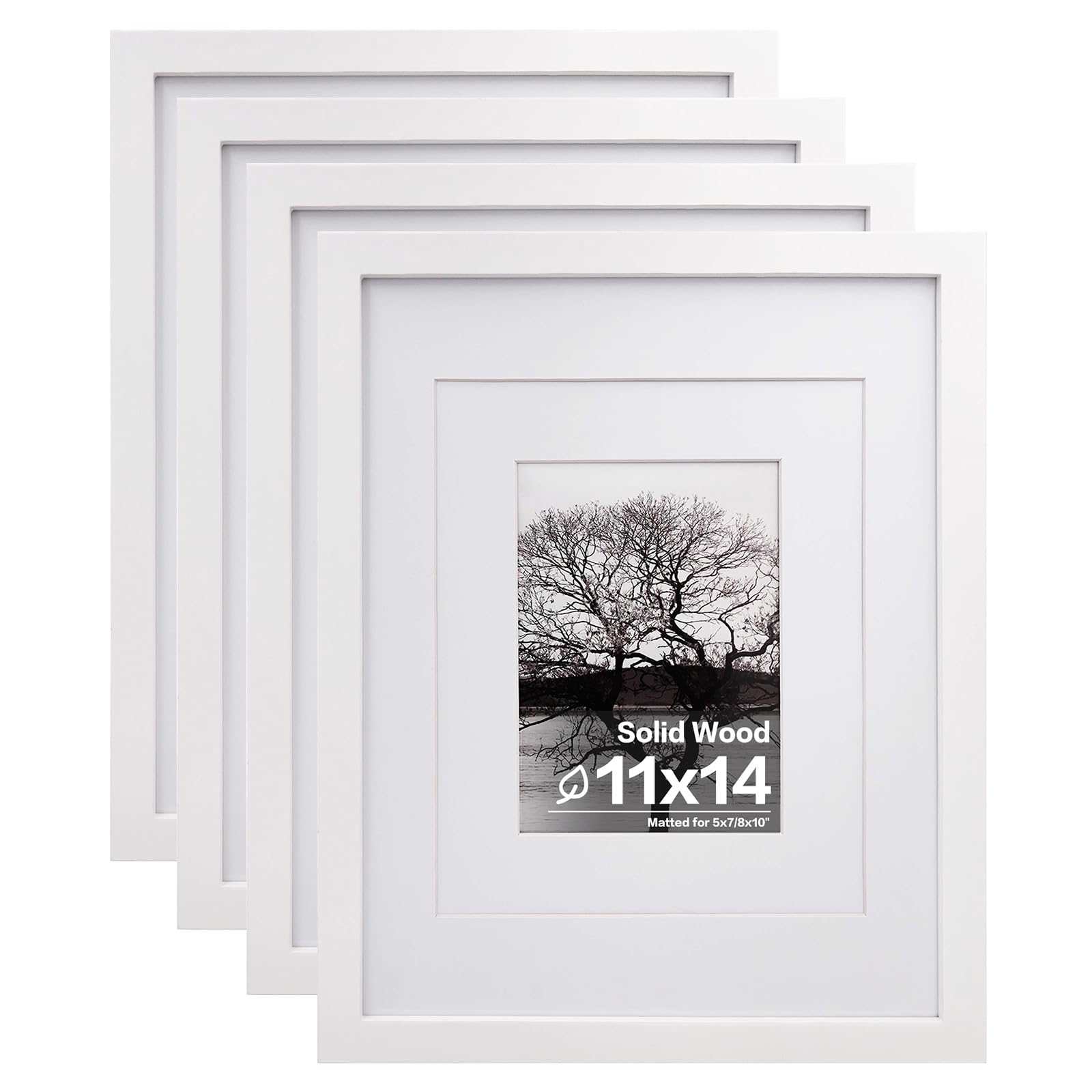 Photo 1 of Egofine 11x14 Picture Frames Set of 4, Made of Solid Wood Covered by Plexiglass 5x7 and 8x10 with Mat or 11x14 without Mat, for Table Top Display and Wall Mounting Photo Frame White