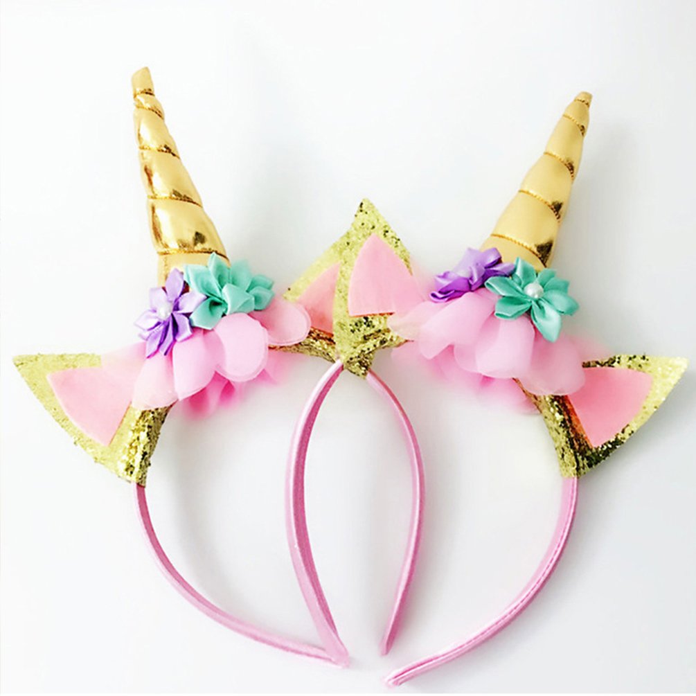 Romote Unicorn Cake Decorations,Cake Toppers Ears and Eyelashes Unicorn Party Baby Shower Wedding Headband For Girl(Gold)