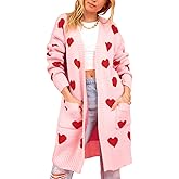 HOULENGS Women's Cute Heart Long Cardigan Sweaters V Neck Ribbed Knit Open Front Sweater Coats with Pockets