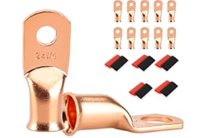 SDZONGES 10 PCS Battery Terminal Connectors, Battery Cable Ends Lugs, 2 Gauge Wire Connectors, 2 AWG 1/4" Stud Ring Terminals, Copper Wire Lugs with Heat Shrink Tubing.