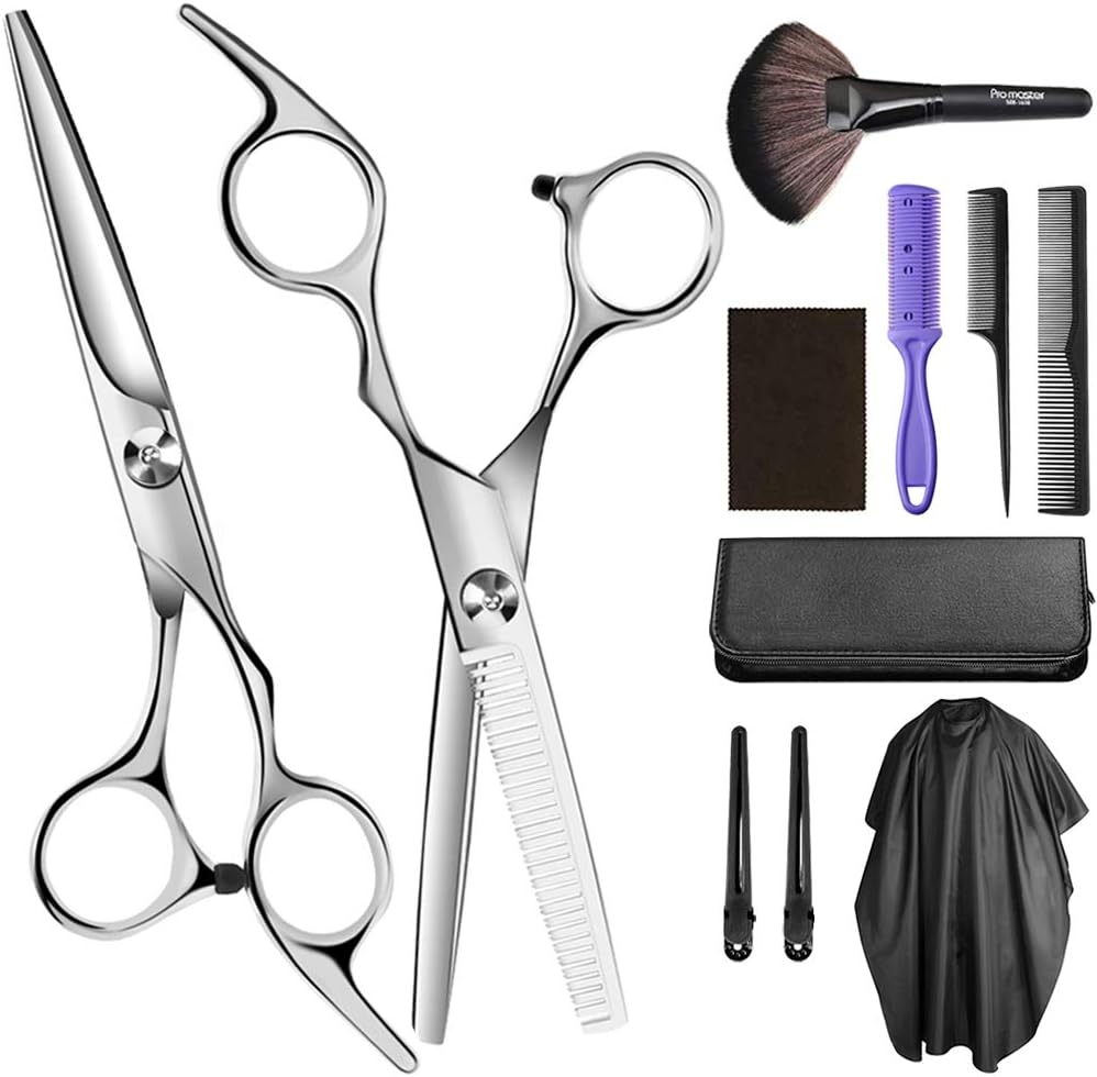 Jetika Hair Cutting Scissors Thinning Shears Kit 11-piece Men Women Professional Hairdressing Texturizing Scissors Set Tool Stainless Steel with Razor Grooming Comb Haircut Cape Home Salon Barber 6.5": Home Improvement