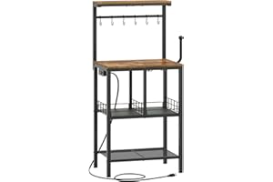 YATINEY Bakers Rack with Power Outlet, Microwave Stand with Paper Holder, Coffee Bar Station with Wine Glass Holder, 4-Tier Kitchen Storage Rack for Dining Room, Living Room, Rustic Brown HB02UBR