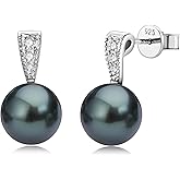 DENGGUANG 9-10mm Tahitian Black Pearl Stud Earrings, Genuine Black Pearls with Moissanite Sterling Silver Jewelry Gifts for Women