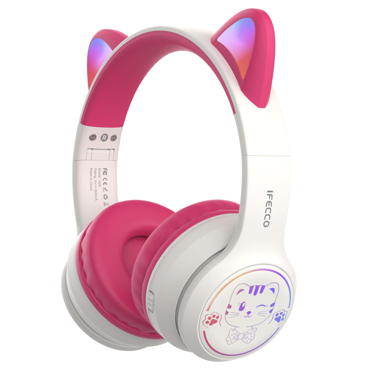 IFECCO Kids Wireless Headphones with Case,Cute LED Light Up Cat Ear Children Girls Bluetooth 6.0 Headphones Volume-limiting for School Travel Gifts Image