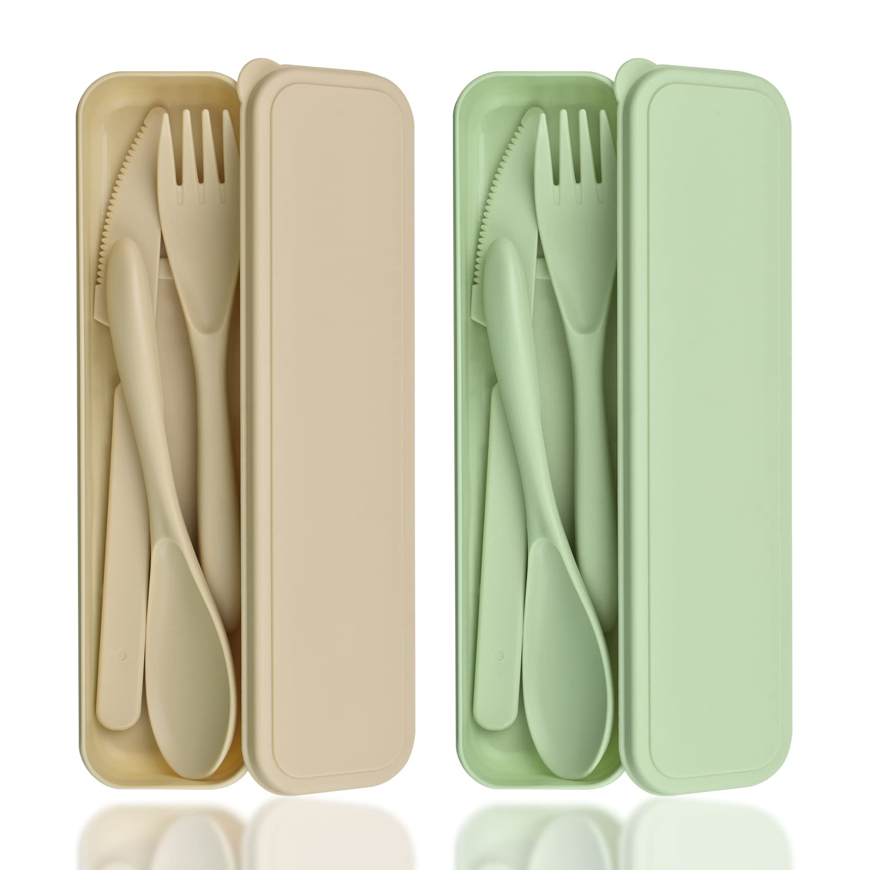 DIYJEP 2 Sets of 6 Piece Plastic Casual Minimalist Beige Green Picnic Cutlery, Portable & Reusable, Perfect for Travel, Picnic, Hiking, Camping, Parties, School, Office