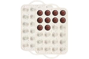 FIMARY Muffin Pans With Metal Reinforced Frame - 24 Cups Durable Silicone Baking Pan for Muffins, Cupcakes, BPA Free and Dishwasher Safe - Beige with Rainbow Spots, Set of 2