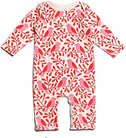 Winter Water Factory Long Sleeve Organic Romper Coverall, Little Girls, Red &amp; Pink, Birds &amp; Berries, 12 Months