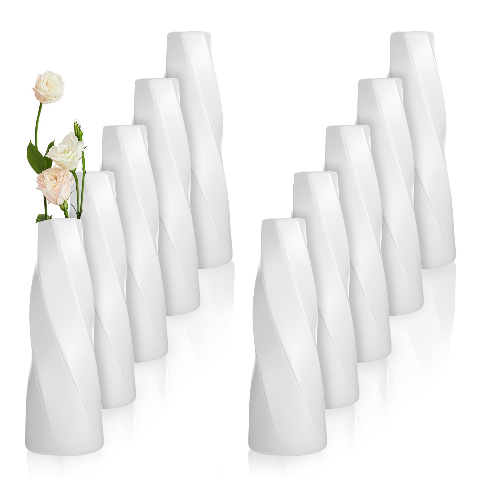 Photo 1 of 10 Pack Small Plastic Vases for Flowers, White Vases for Centerpieces - Composite PP Material Unbreakable Floral Arrangement Containers for Wedding Party Home Decor (8 x 2.9 Inches)