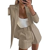 Tcremisa Blazer Shorts Set for Women 2 Piece Long Sleeve Open Front Blazers Short Suits Business Outfits with Belt