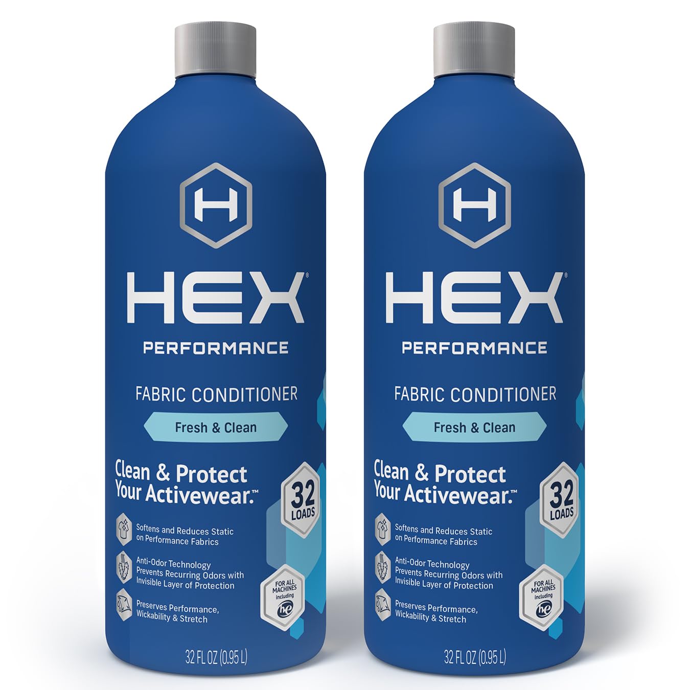 HEX Performance Fabric Conditioner, Fresh & Clean, 64 Load (Pack of 2) - Safe for Activewear, Eco-Friendly